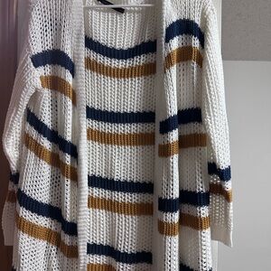 Doe & Rae White and Blue Long Knit Cardigan